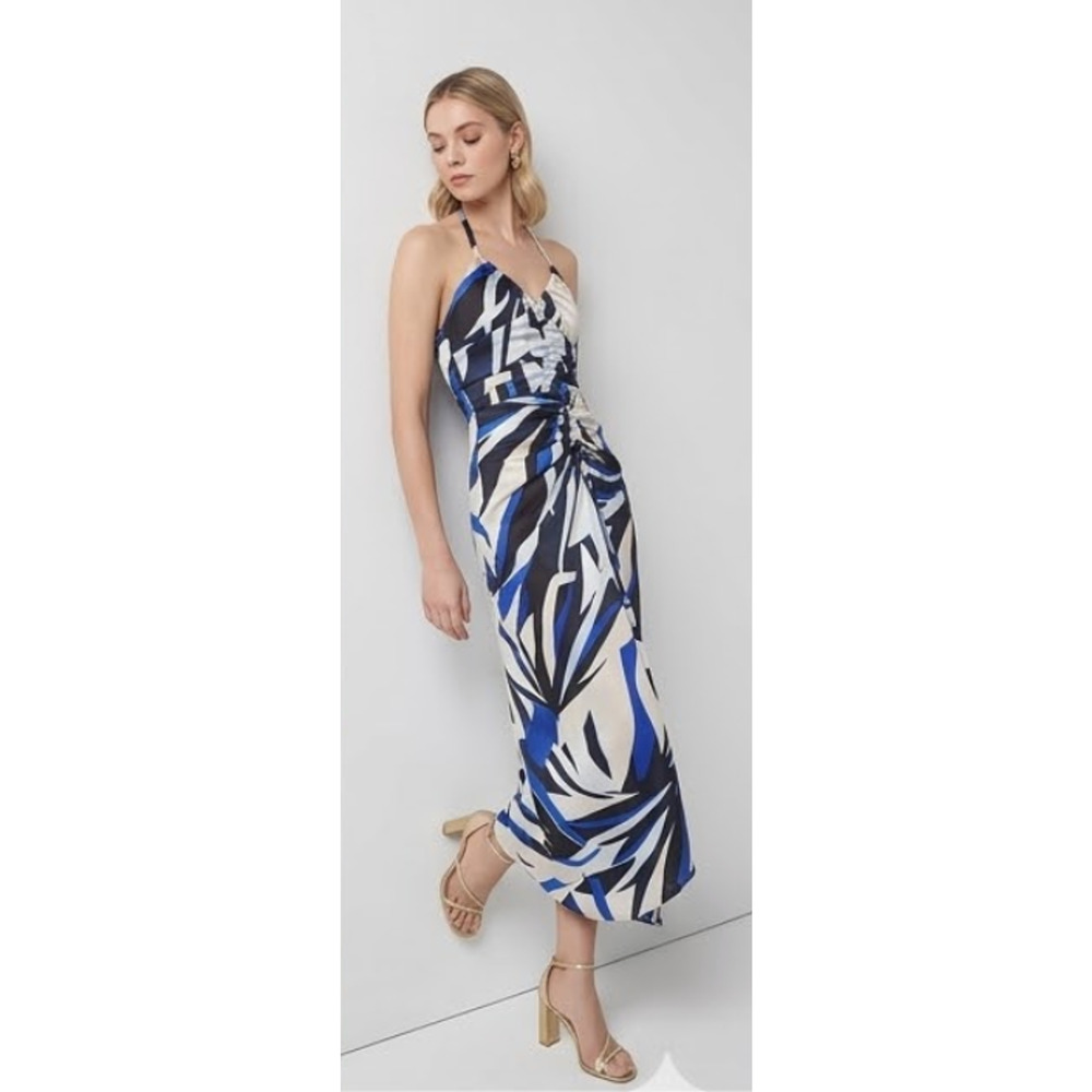 NEW WHITE HOUSE BLACK MARKET WHBM BAY PALMS ECRU SATIN HALTER CINCH MIDI DRESS 4